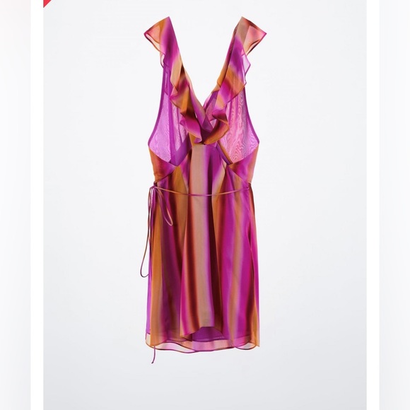 Zara✨Chiffon Stripe Ruffle Collar Wrap Mini Dress-Pink - Picture 3 of 7